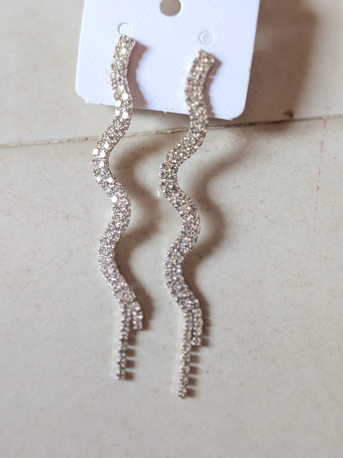 Silver Wavy Crystal Drop Earrings - 1