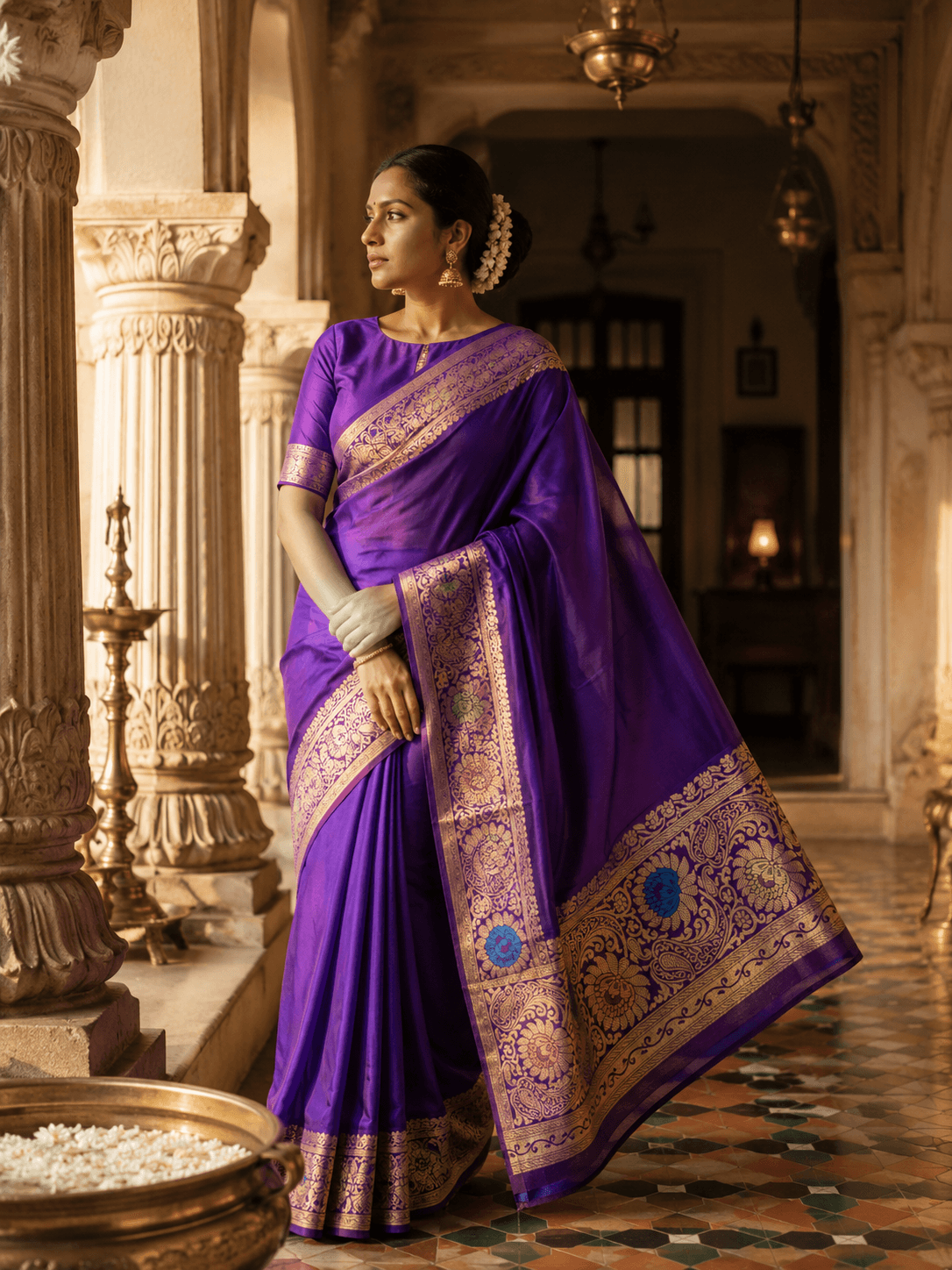 Royal Violet Banarasi Silk Saree | Traditional Gold Zari Woven Saree for Women - 1
