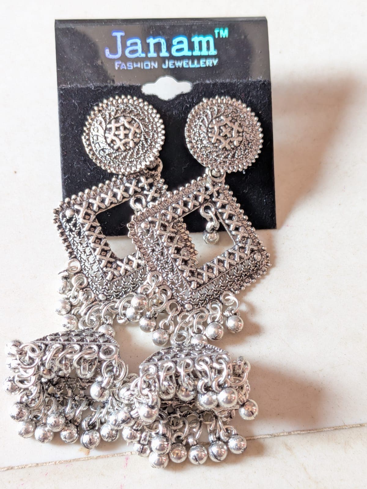 Ethnic Square Oxidised Silver Jhumkas - 1