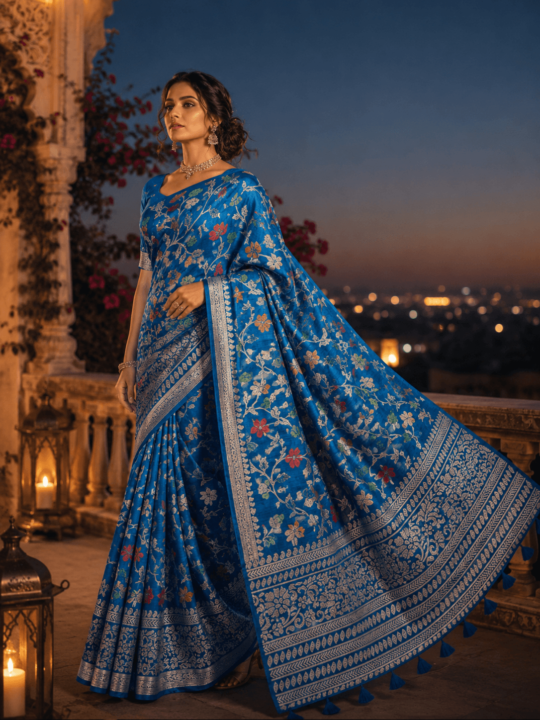Sapphire Blue Silk Saree | Floral Woven Saree with Silver Border for Women - 1