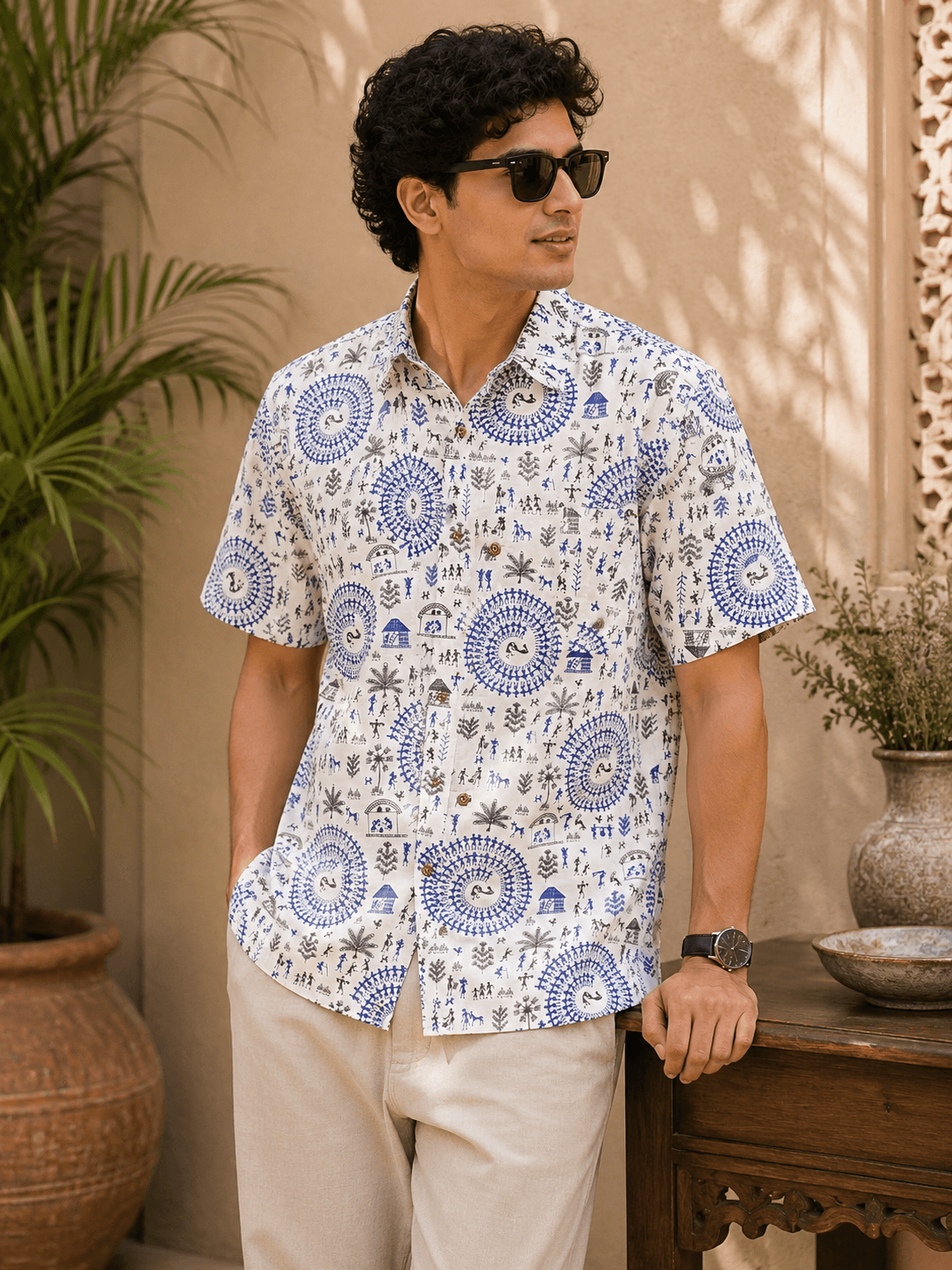 Blue Heritage Santiniketan Half Shirt - 1