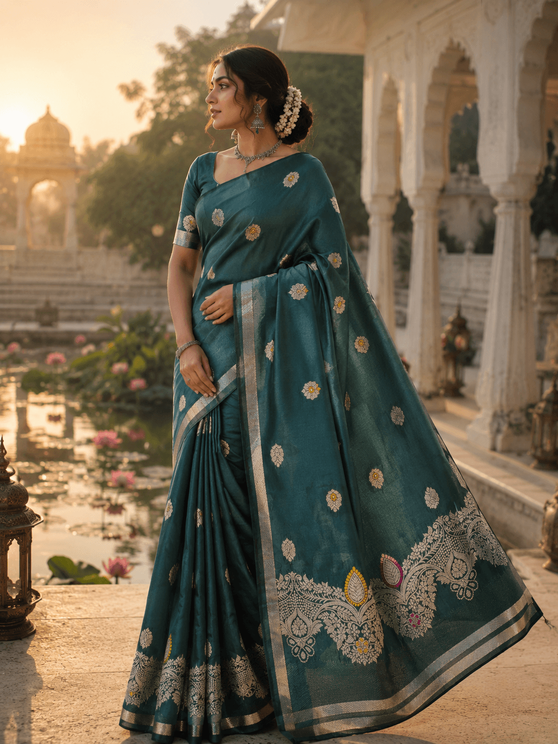 Teal Green Silk Saree | Silver Zari Floral Border Traditional Saree for Women - 1