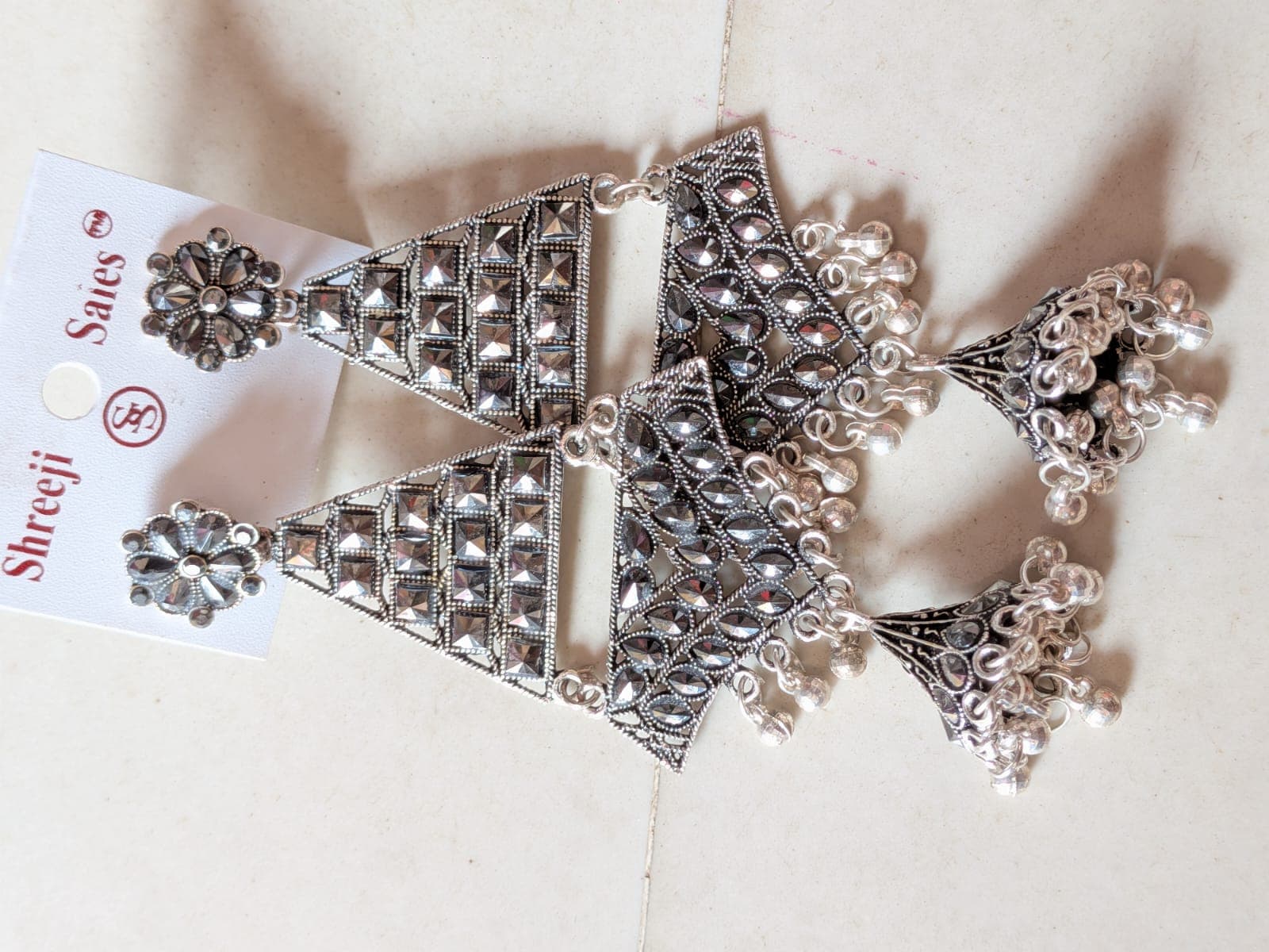 Oxidised Silver Geometric Chandelier Jhumkas - 1