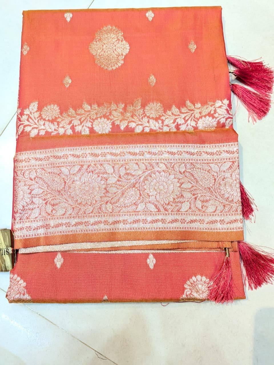 Coral Peach Silk Saree | Silver Floral Woven Border Saree for Women - 2