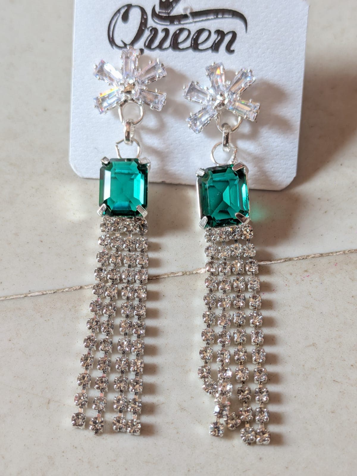 Emerald Green Crystal Tassel Drop Earrings - 1