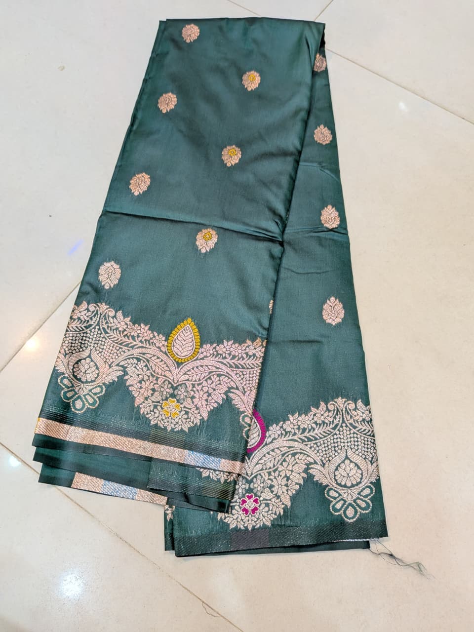 Teal Green Silk Saree | Silver Zari Floral Border Traditional Saree for Women - 2