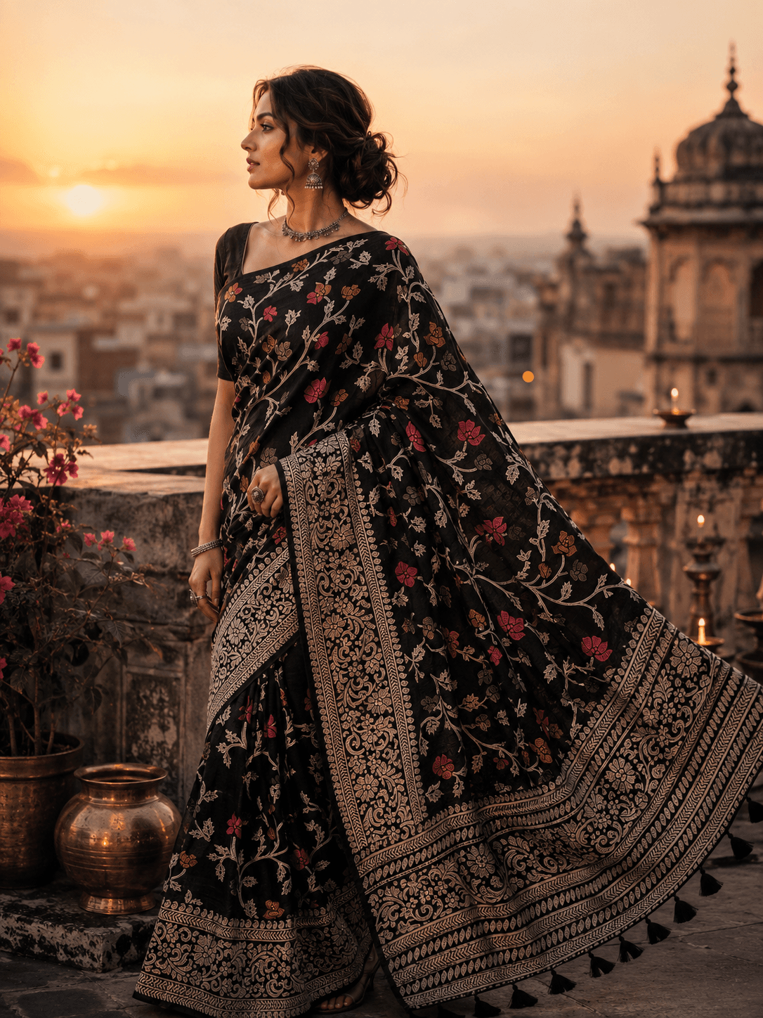 Black Floral Silk Saree | Multicolor Floral Woven Saree for Women - 1