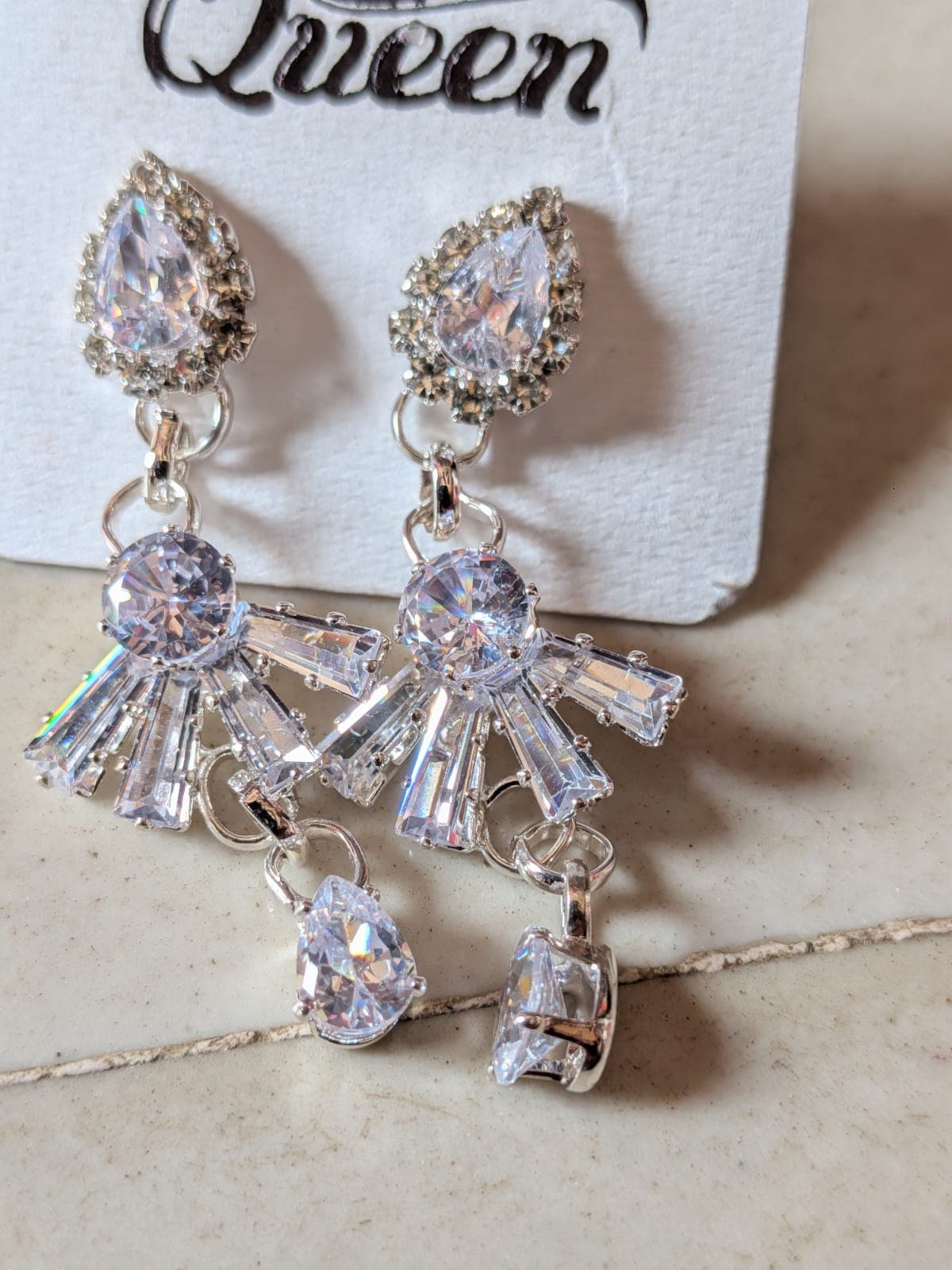 Silver Crystal Fan & Drop Earrings - 1